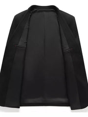 Black two-button men's blazer with interior pockets and smooth lining.