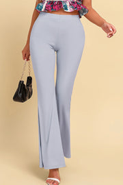Light gray sculpted flare leggings with a high waist and wide leg