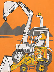 Toddler t-shirt with orange background and excavator graphic. Features cartoon dinosaurs operating construction vehicles.