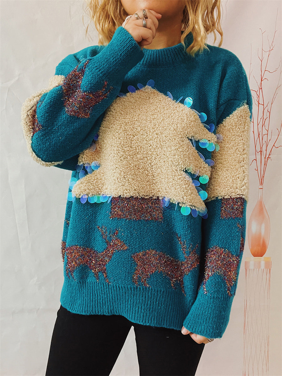 Sky blue knit sweater with sequin-trimmed Christmas tree and reindeer pattern.