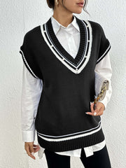 Black knit vest with varsity stripes and pearl trim, V-neck, acrylic.