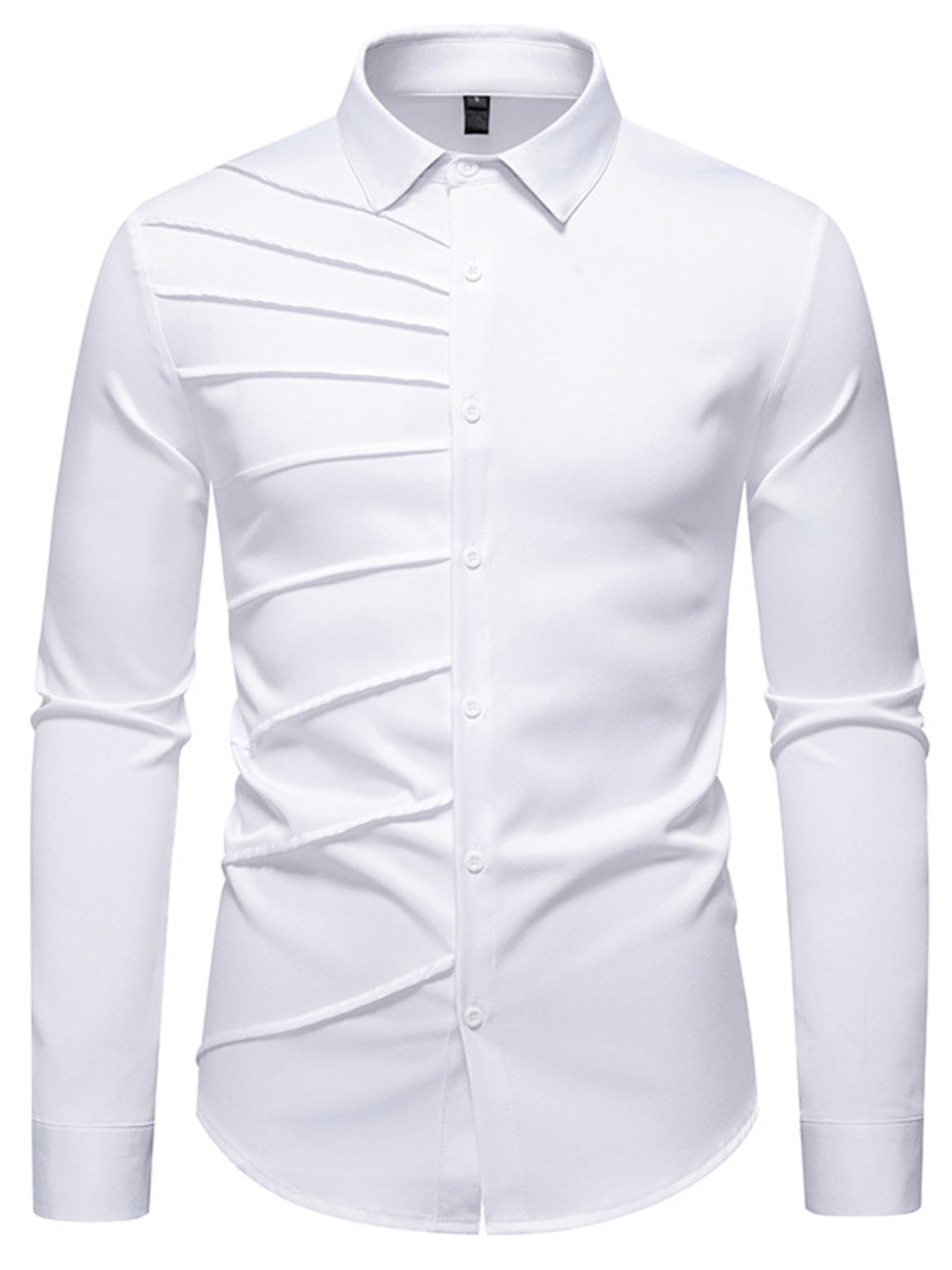White cotton long sleeve shirt with asymmetrical ruched detail and button front.