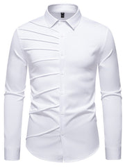 White cotton long sleeve shirt with asymmetrical ruched detail and button front.