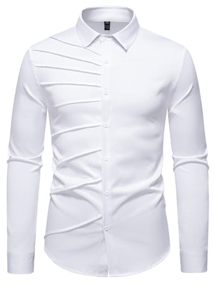 White cotton long sleeve shirt with asymmetrical ruched detail and button front.