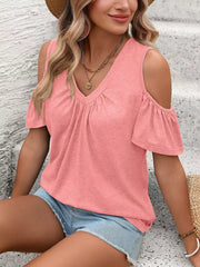 Pink ruched cold shoulder t-shirt with V-neck and short flutter sleeves.
