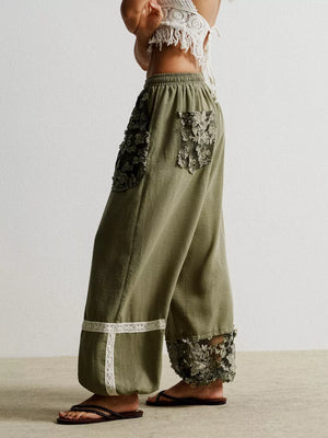 Moss harem pants with lace trim pockets and hem, drawstring waist