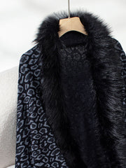 Black leopard print acrylic cardigan with faux fur trim