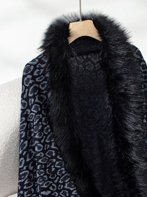 Black leopard print acrylic cardigan with faux fur trim