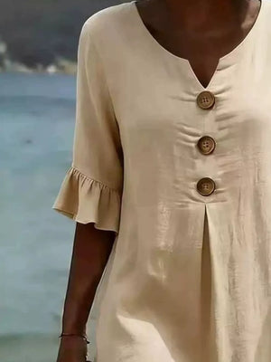 Full Size Casual Button Midi Dress With Ruffle Sleeves in Yellow, view 12