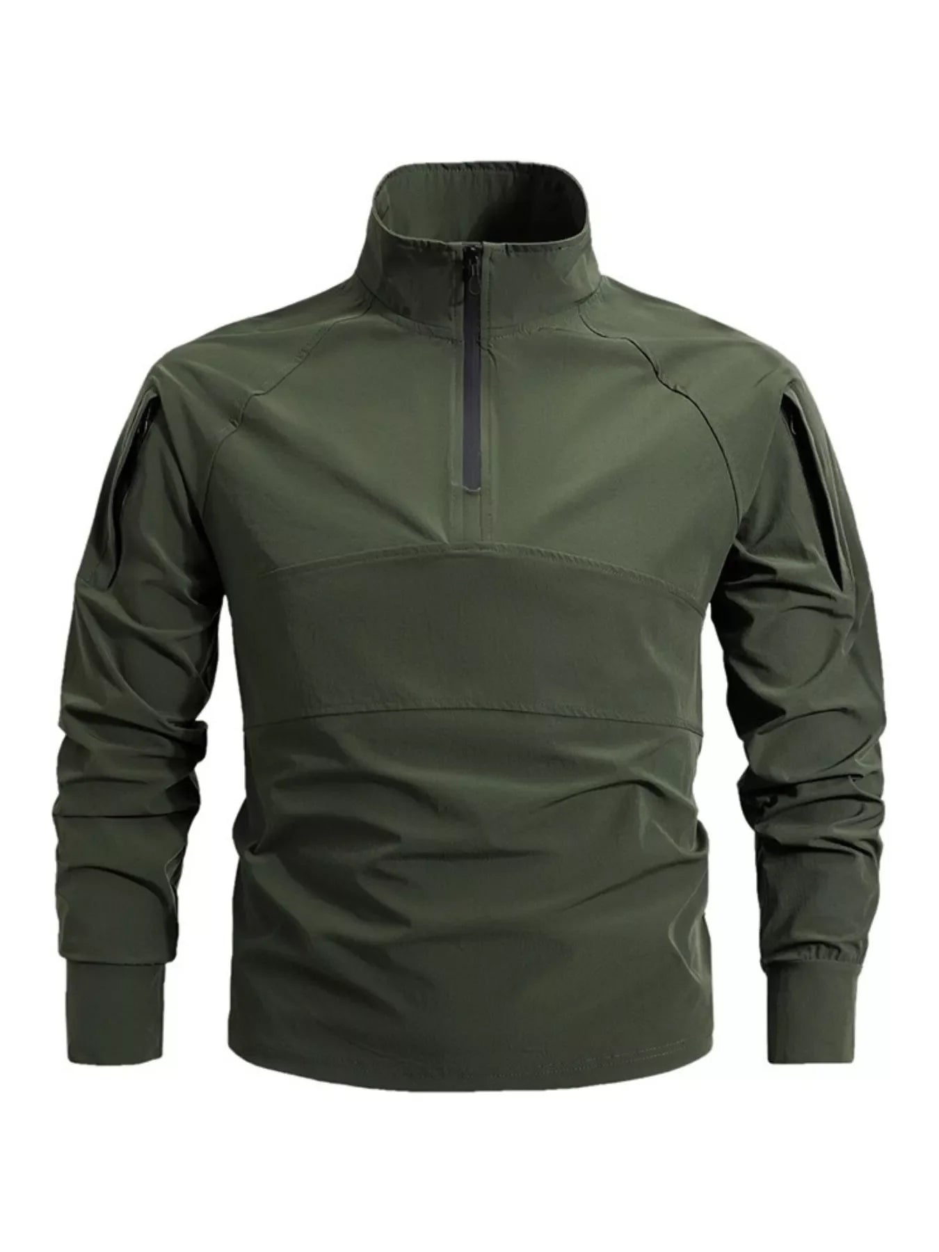 Military green quick-dry half-zip sweatshirt with zippered chest pocket and shoulder pockets.