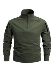 Military green quick-dry half-zip sweatshirt with zippered chest pocket and shoulder pockets.