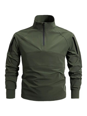 Military green quick-dry half-zip sweatshirt with zippered chest pocket and shoulder pockets.