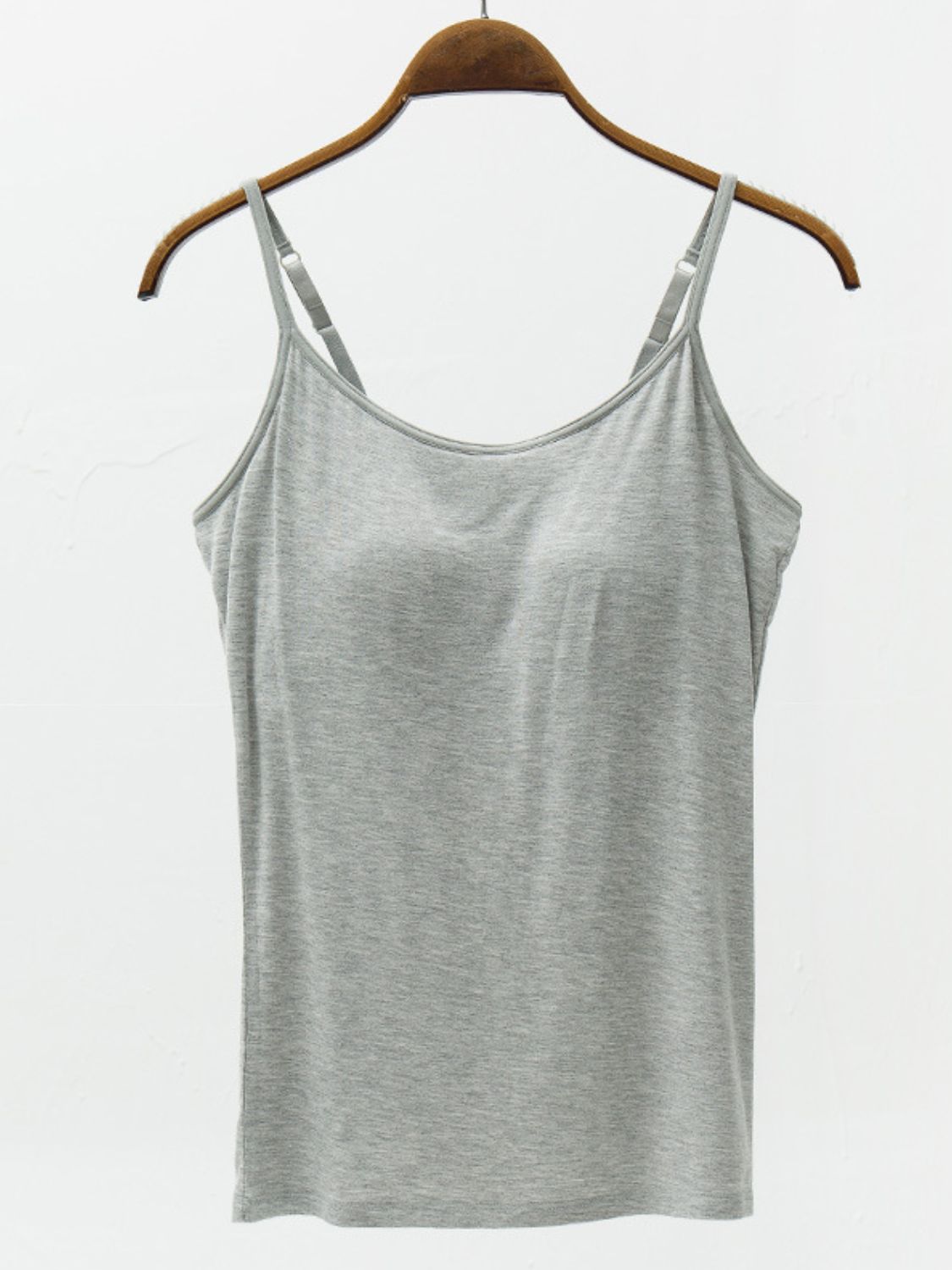 Gray camisole with adjustable straps and built-in support.