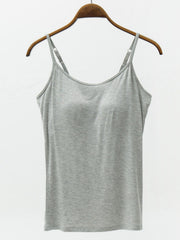 Gray camisole with adjustable straps and built-in support.