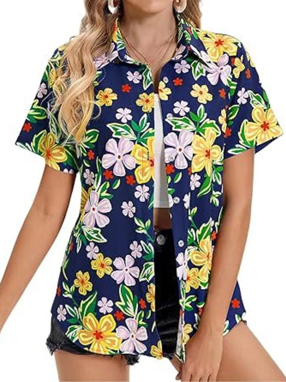 Navy short sleeve button-up shirt with tropical hibiscus floral print.