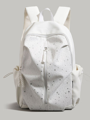 White nylon school backpack with silver stars pattern and braided zipper pull.