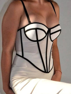 Corset Cami With Contrasting Trim in Black And White Strips, editorial view