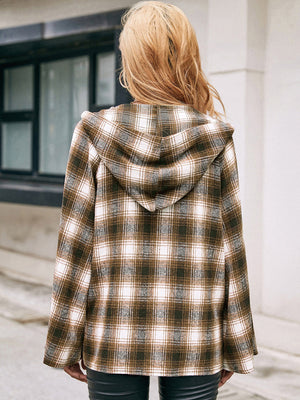 Flared sleeve hooded shacket in brown plaid with white and grey accents.