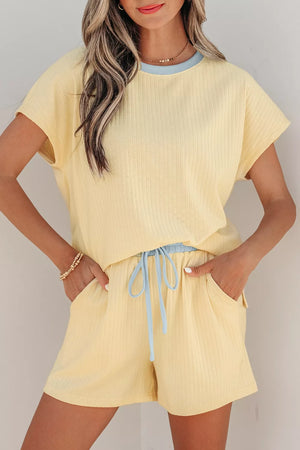 Yellow cotton color block crew neck t-shirt and drawstring shorts set with blue trim