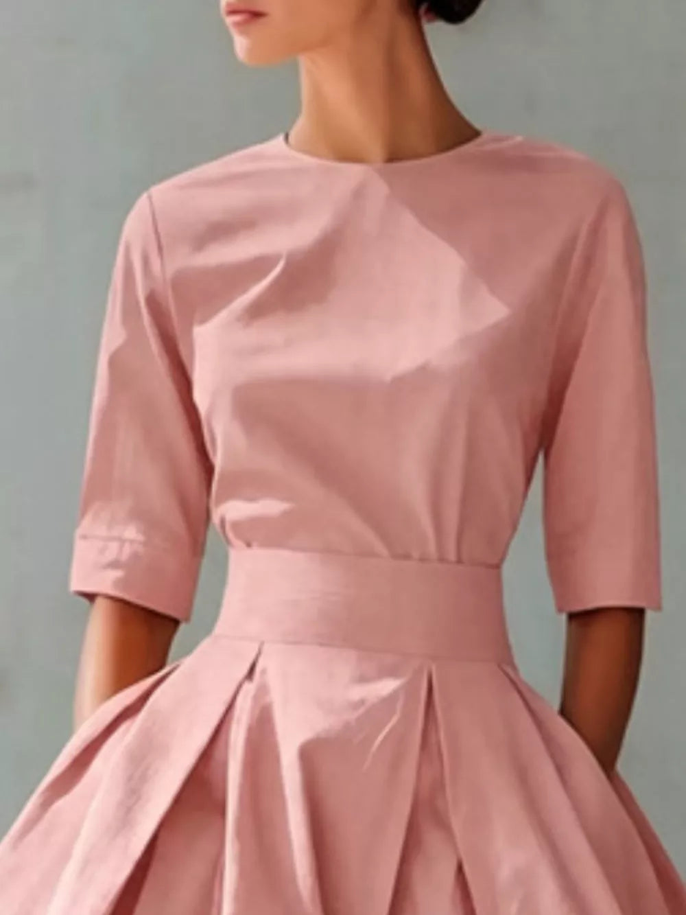 Dusty pink A-line midi dress with pleated skirt and belted waist