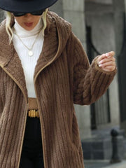 Textured teddy hooded open coat in taupe with ribbed detail and contrast trim.