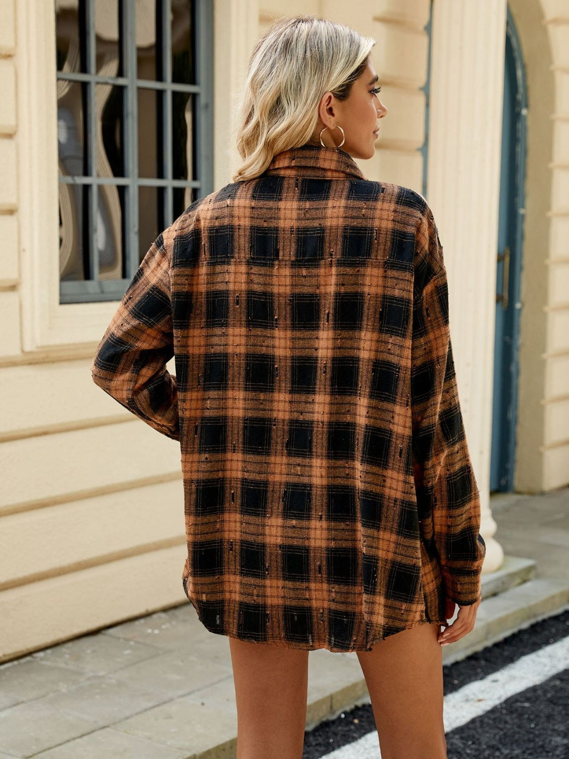Distressed plaid overshirt in Ochre and Black with relaxed fit and buttoned front.