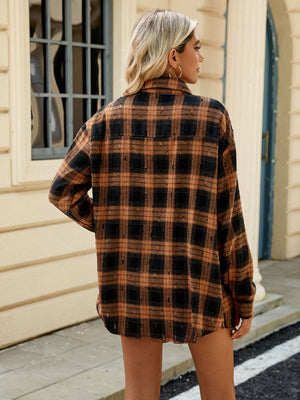 Distressed plaid overshirt in Ochre and Black with relaxed fit and buttoned front.