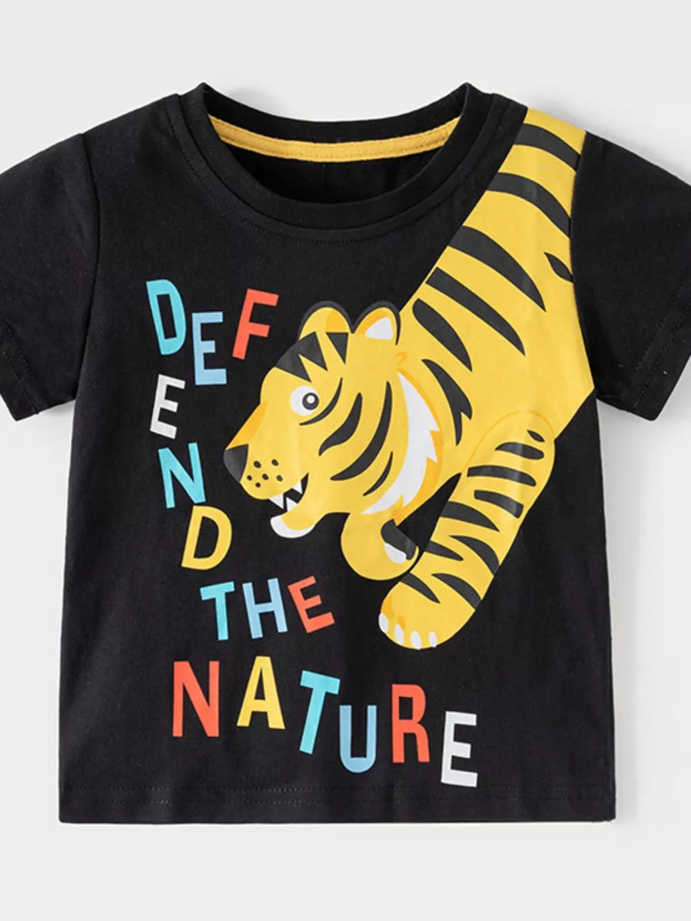 Black cotton baby tee with a tiger graphic and "DEFEND THE NATURE" text.