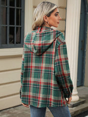 Plaid hooded henley shirt in dark green with red and cream plaid pattern.