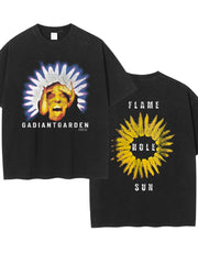 Black distressed graphic tee with Gadiantgarden print on front and sunflower graphic with text on back.