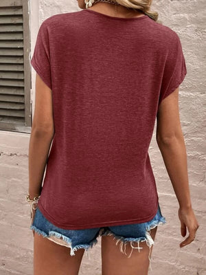 Burgundy dolman sleeve top with lace trim detail, casual women's blouse