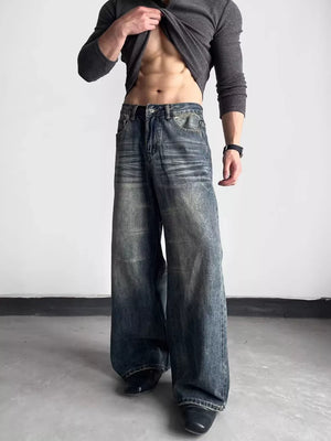 Men's blue distressed wide-leg denim jeans with a relaxed fit.