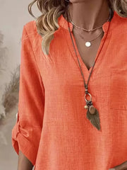 Casual V-neck Roll-sleeve T-shirt With Pocket in Khaki, view 14