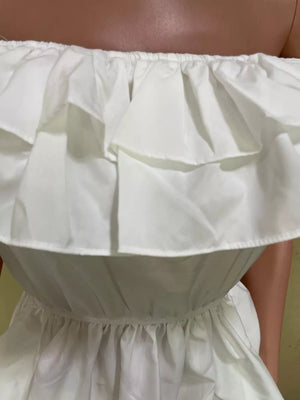 White ruffled off-shoulder maternity blouse with high-low hem detail