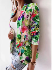 Vibrant Floral Print Open Front Blazer in Red, back view