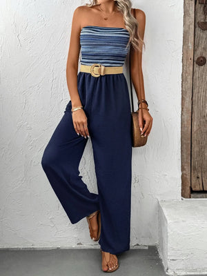 Dark blue bandeau palazzo jumpsuit with a striped bodice and wide legs.