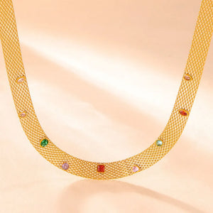 Gold mesh collar necklace with colorful gemstone embellishments