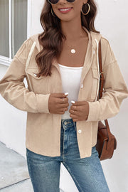 Sand ribbed button-up hoodie jacket with white tank and jeans