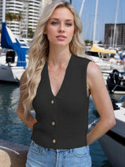 Black ribbed knit tank top with button front and collar detail