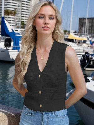 Black ribbed knit tank top with button front and collar detail