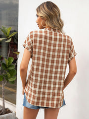 Notched plaid henley blouse in caramel with short sleeves and a relaxed fit.