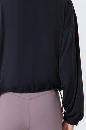 Black active jacket with gathered hemline and drawstring detail