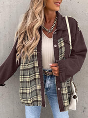 Panelled plaid denim hybrid jacket in brown with button details.