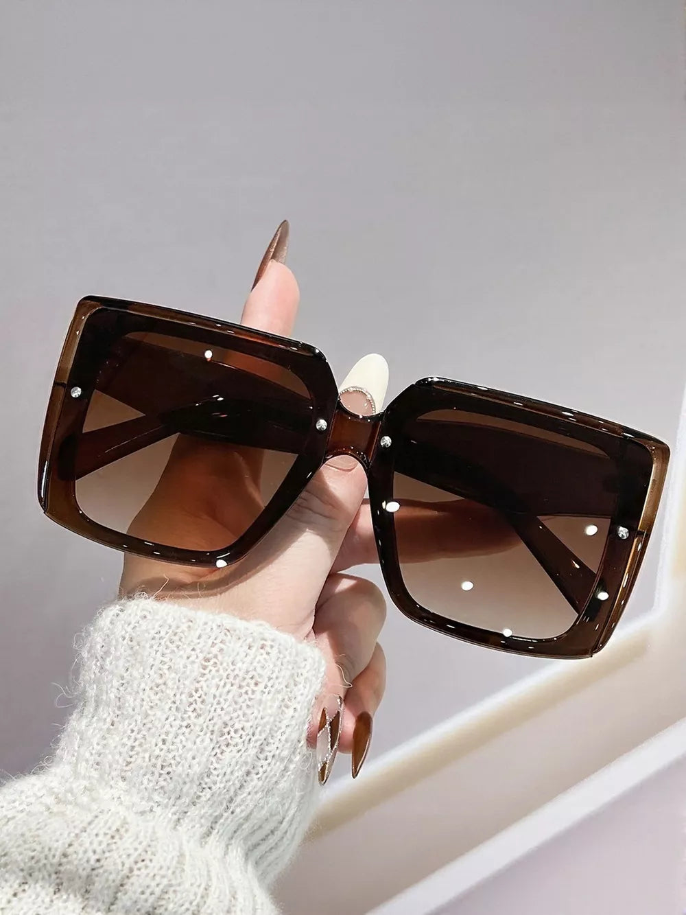 Oversized square gradient sunglasses in coffee brown with embellished frames.