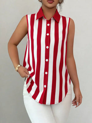 Sleeveless collared shirt with red and white stripes, buttoned front, and curved hem.