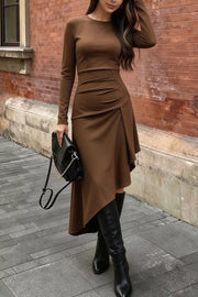 Ruched Asymmetrical Hem Long Sleeve Dress in Brown, close-up detail