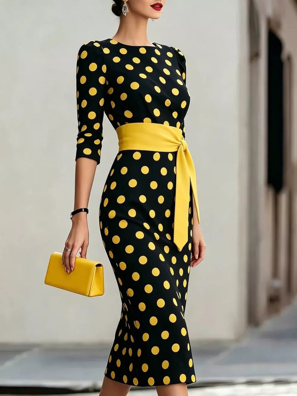 Full Size Polka Dot 3/4 Sleeve Midi Dress, close-up detail