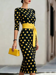 Full Size Polka Dot 3/4 Sleeve Midi Dress, close-up detail