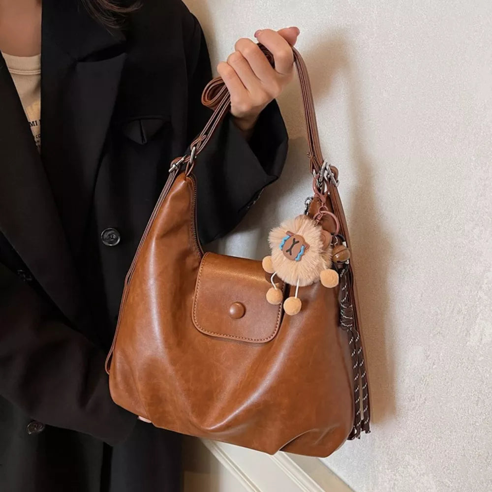 Pu Leather Medium Shoulder Bag in Brown, front view