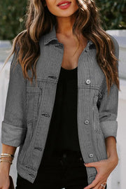 Pinstripe denim trucker jacket in dark, cuffed sleeves, button front, collared, cotton.